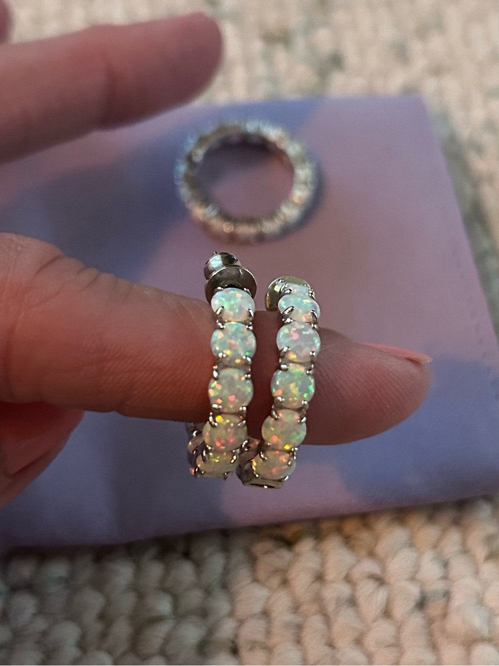 Melinda Maria Opal Hoop Huggies in Iridescent White